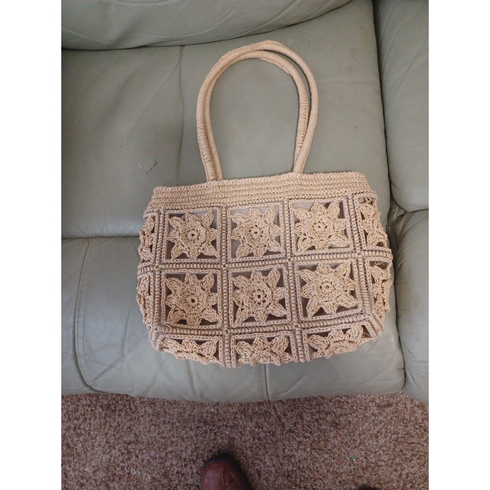 Crochet Daisy Granny Square Motif Tan Wooven Bag Floral Motif USED